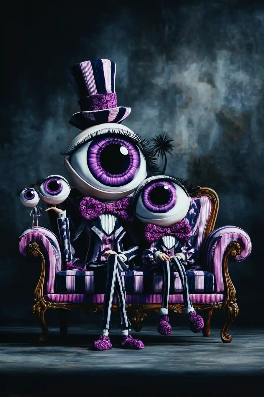 Surreal Birdlike Figures In Striped Suits On Ornate Sofa