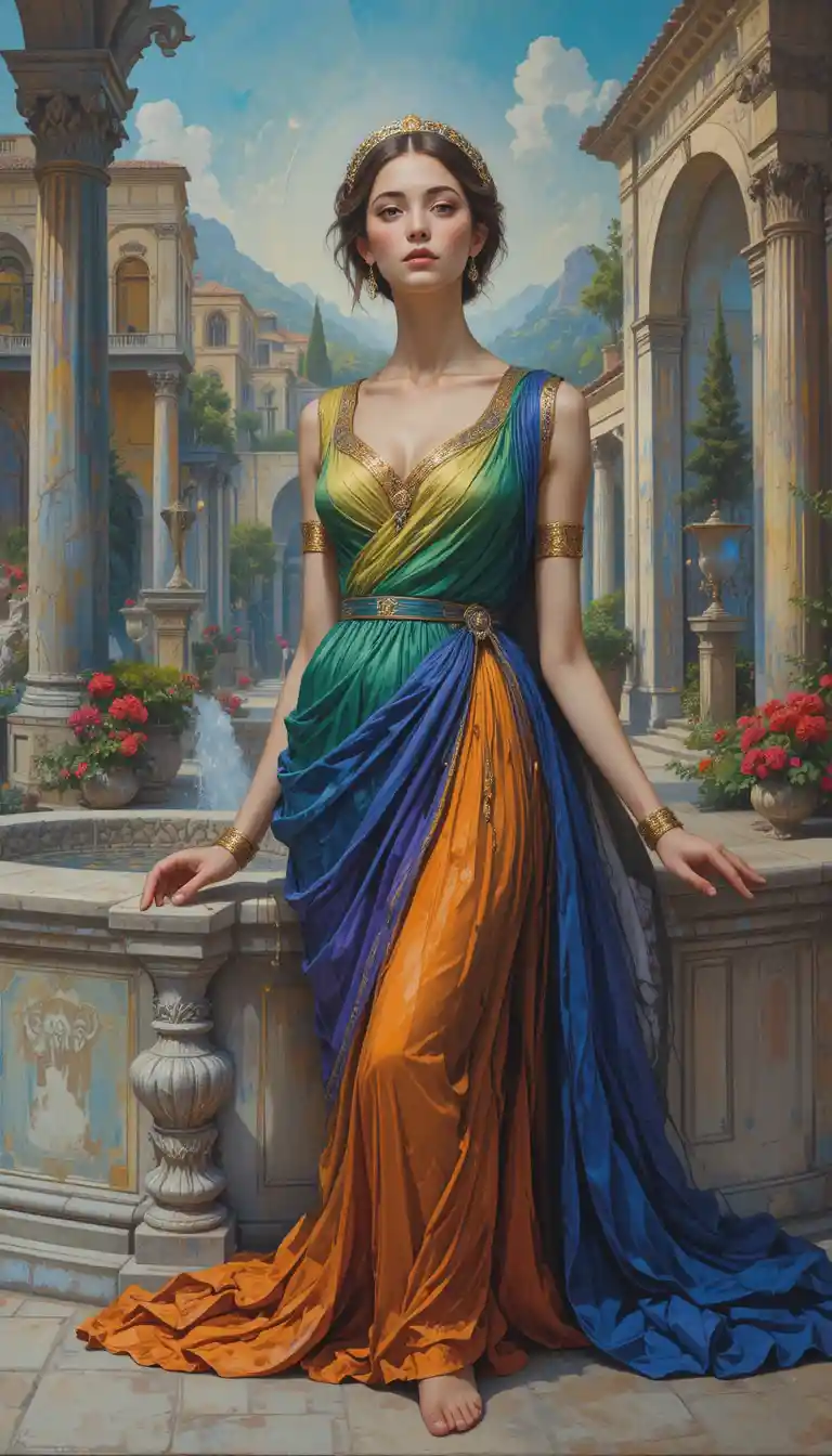 Mediterranean woman in flowing robes at sunset terrace
