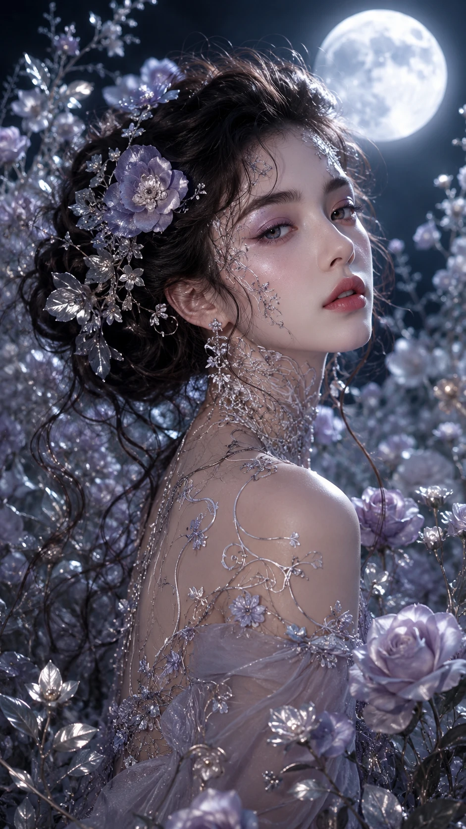 Ethereal woman emerging from silver garden under moonlight
