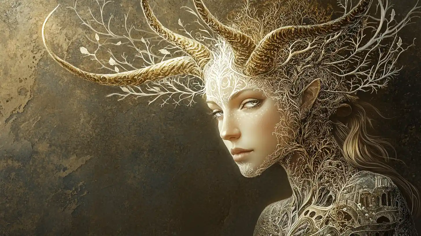 Mystical horned woman with luminous filigree skin portrait