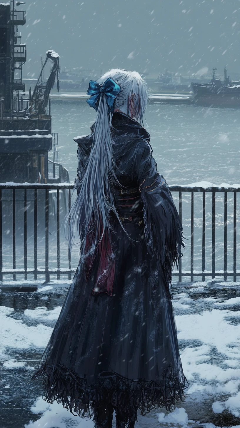 Gloomy port city panorama with hooded statue at night