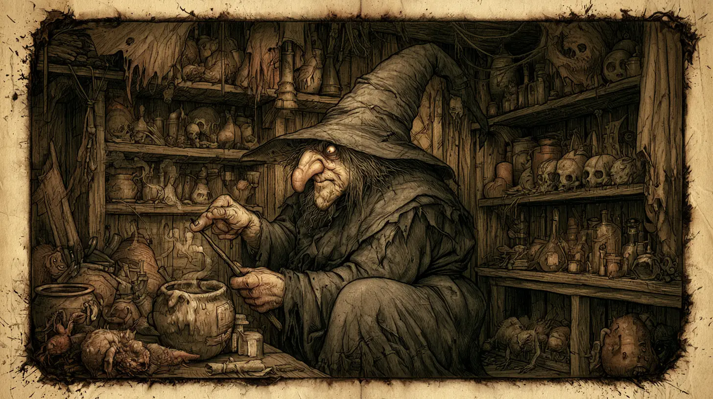 Bruja siniestra preparando una poción oscura en una guarida abarrotada