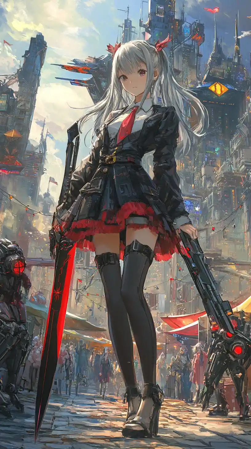 Anime girl with katana facing ghostly puppets in market hall