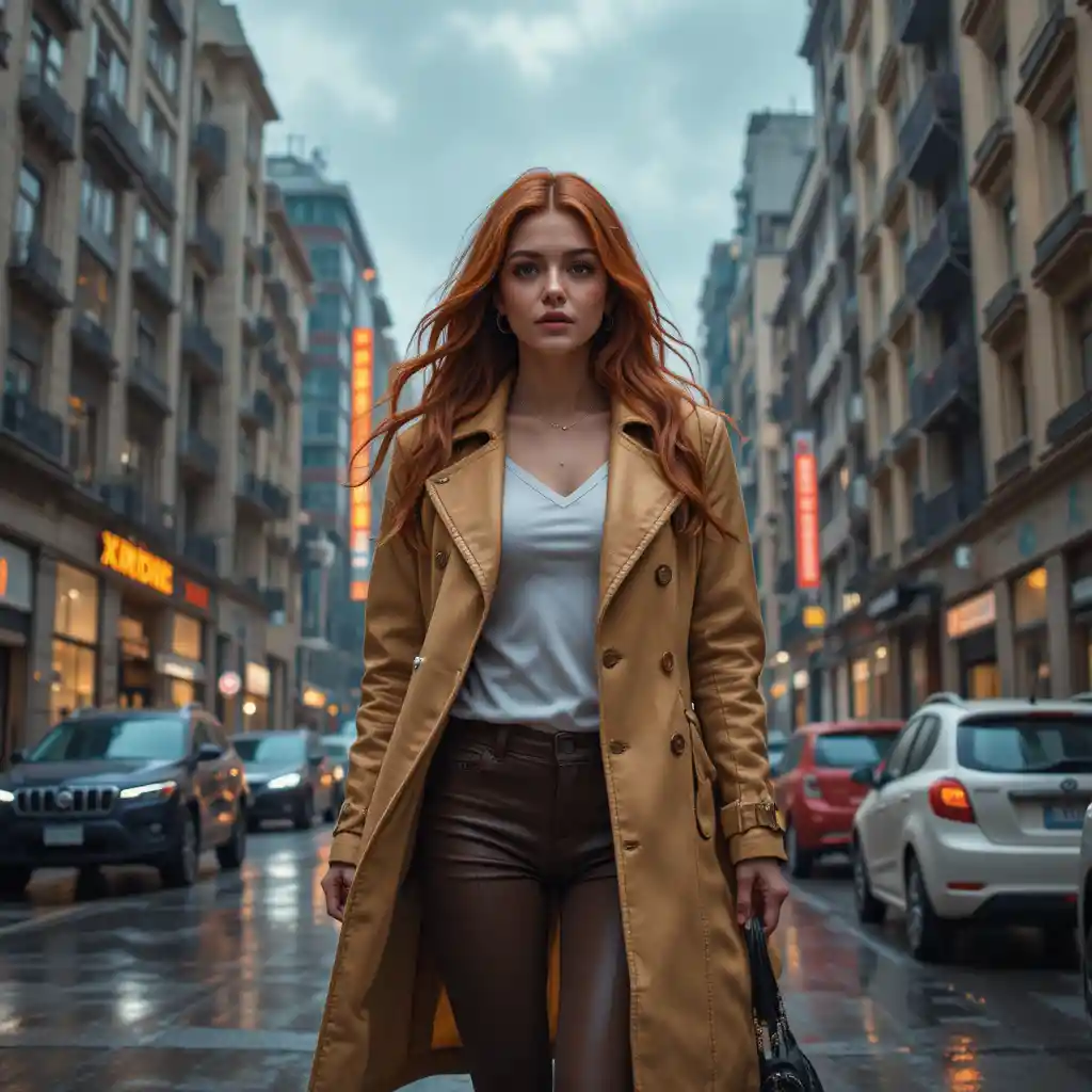 Blonde woman in denim jacket walking on rainy city street