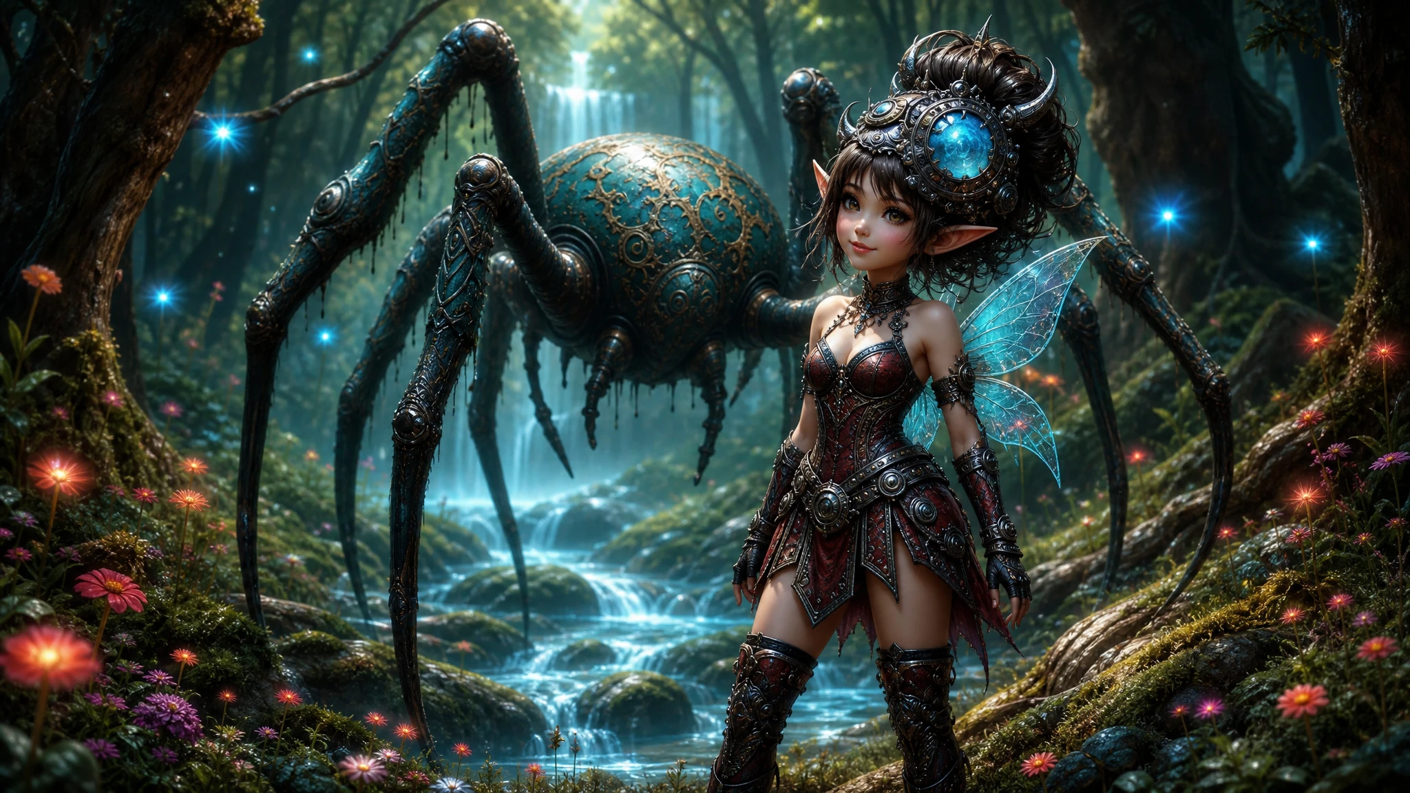Tiny fairy princess warrior before her giant spider companion