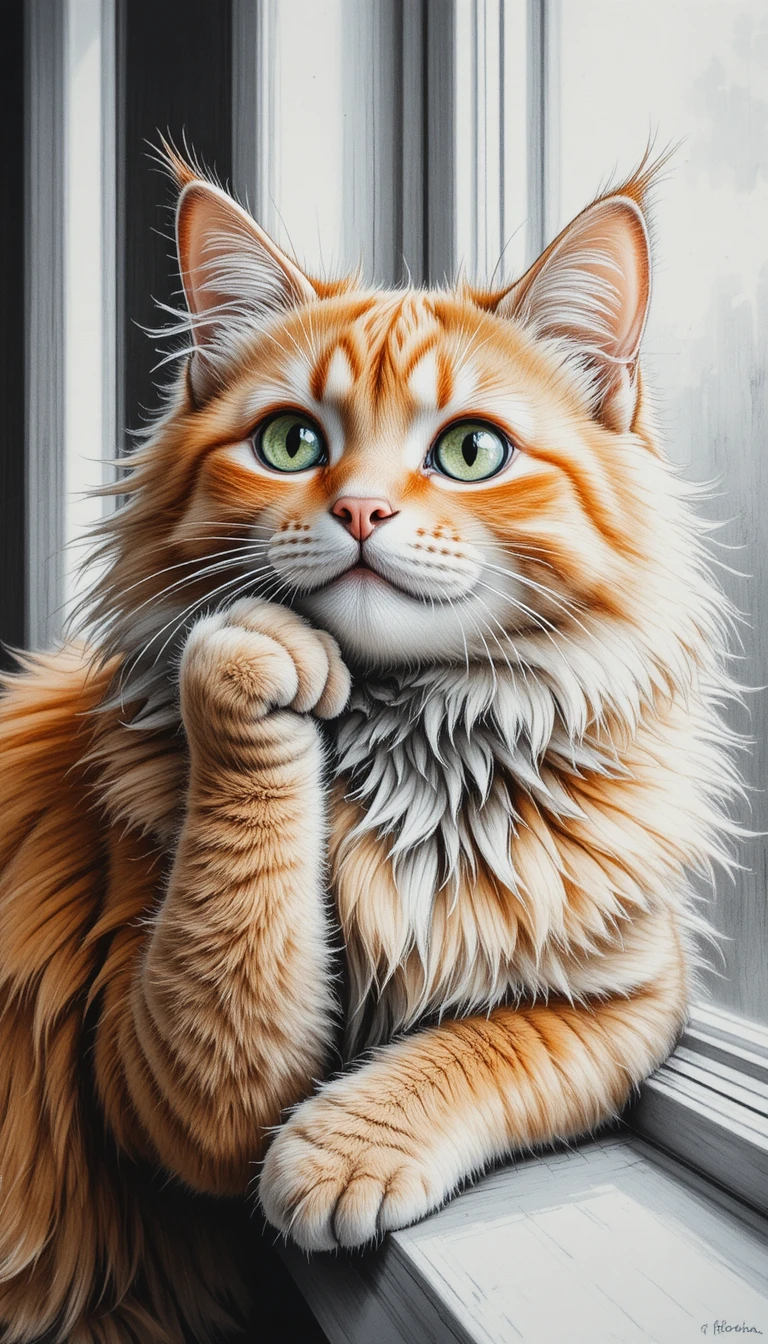 Fluffy green eyed cat dreaming by a house window