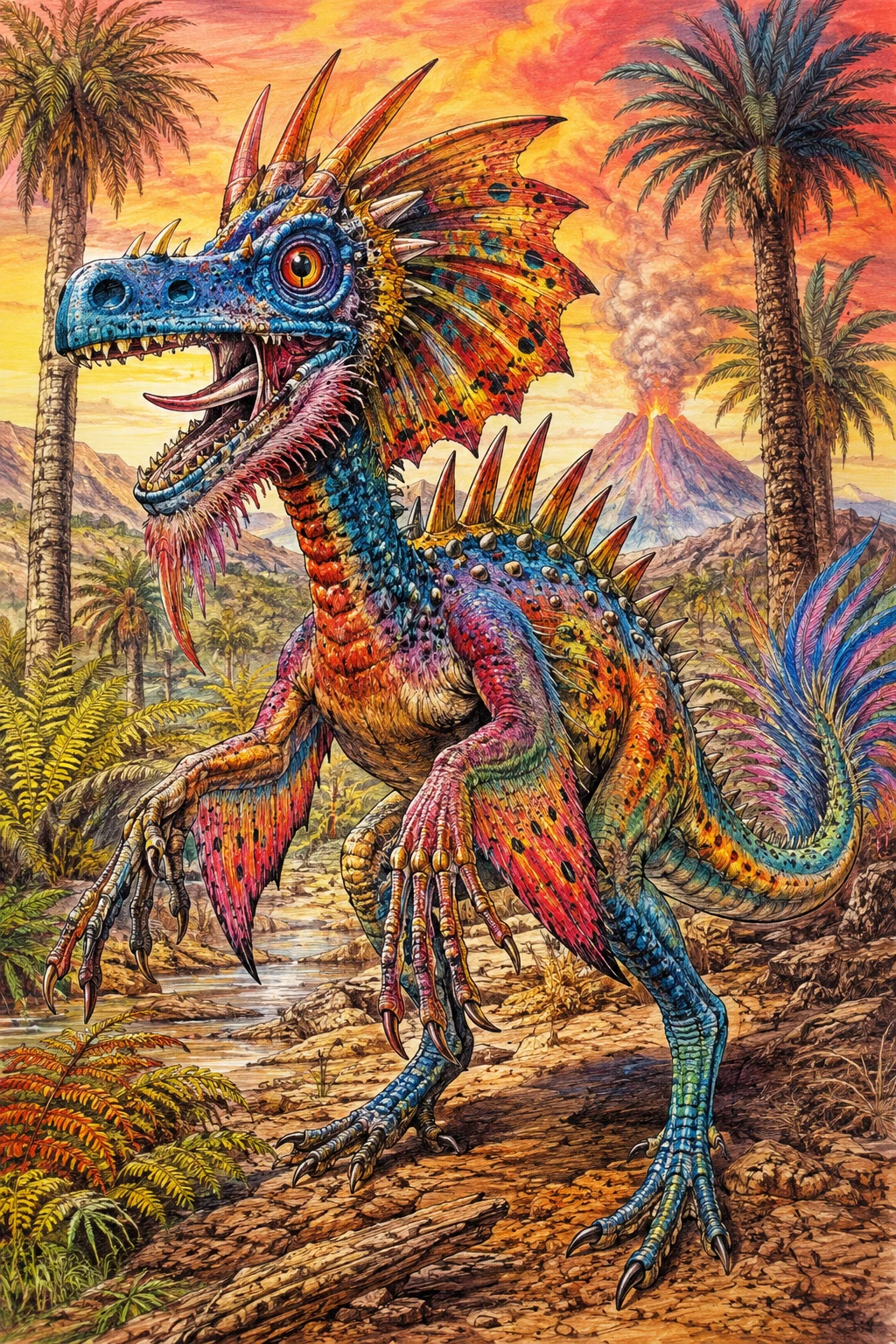 Colorful fantasy creature in a prehistoric jungle landscape