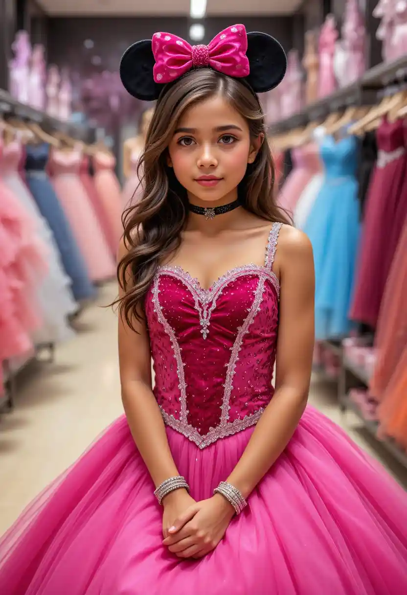 Embarrassed Young Girl In Pink Minnie Mouse Dress Shop