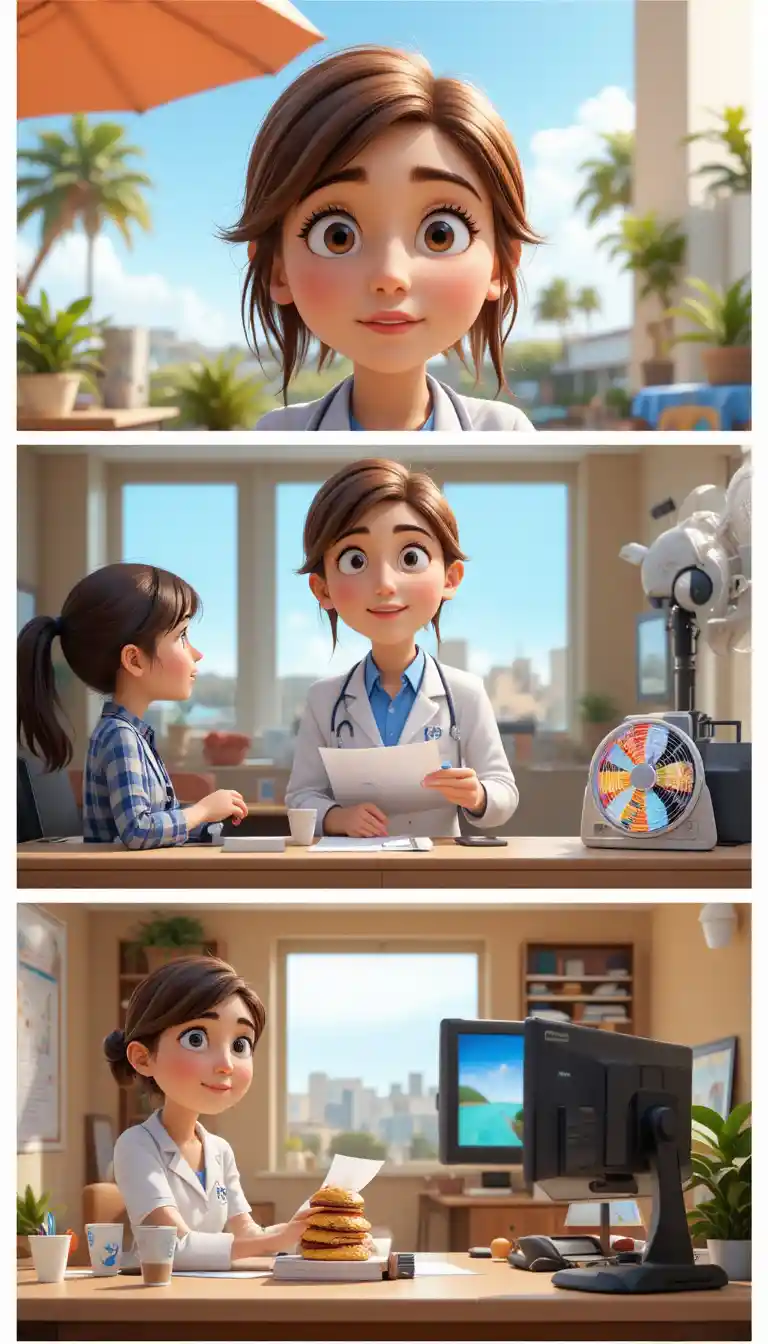 Pixar style collage of a makeup artist in summer heat