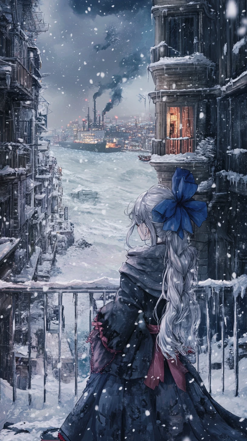 Anime girl on snowy oil rig in stormy night city