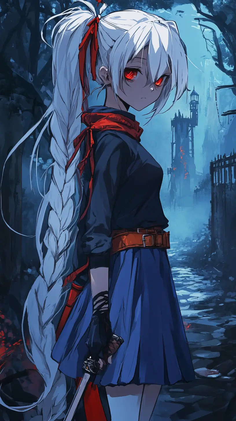 Ragazza anime con katana su un sentiero boschivo nella nebbia
