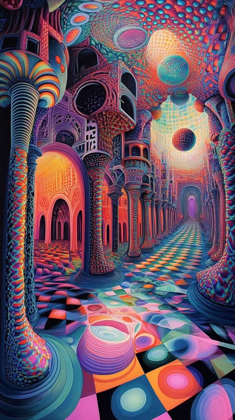 Kaleidoscopic surreal geometry in a disorienting dreamscape