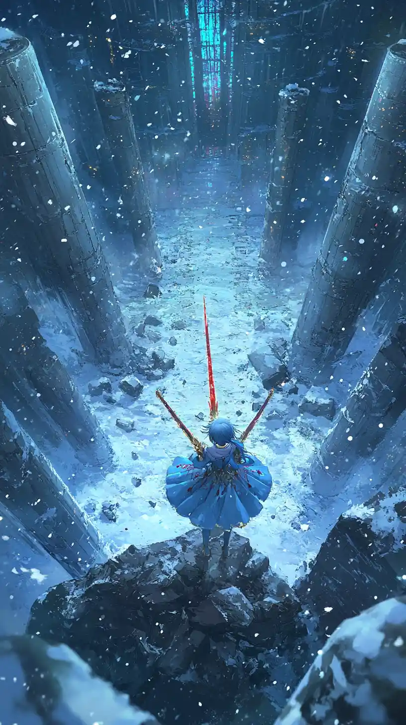 Anime girl in a dark winter hall with glowing sword