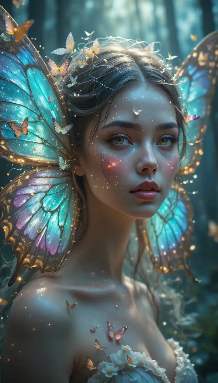 Ethereal woman merging with luminous butterfly wings