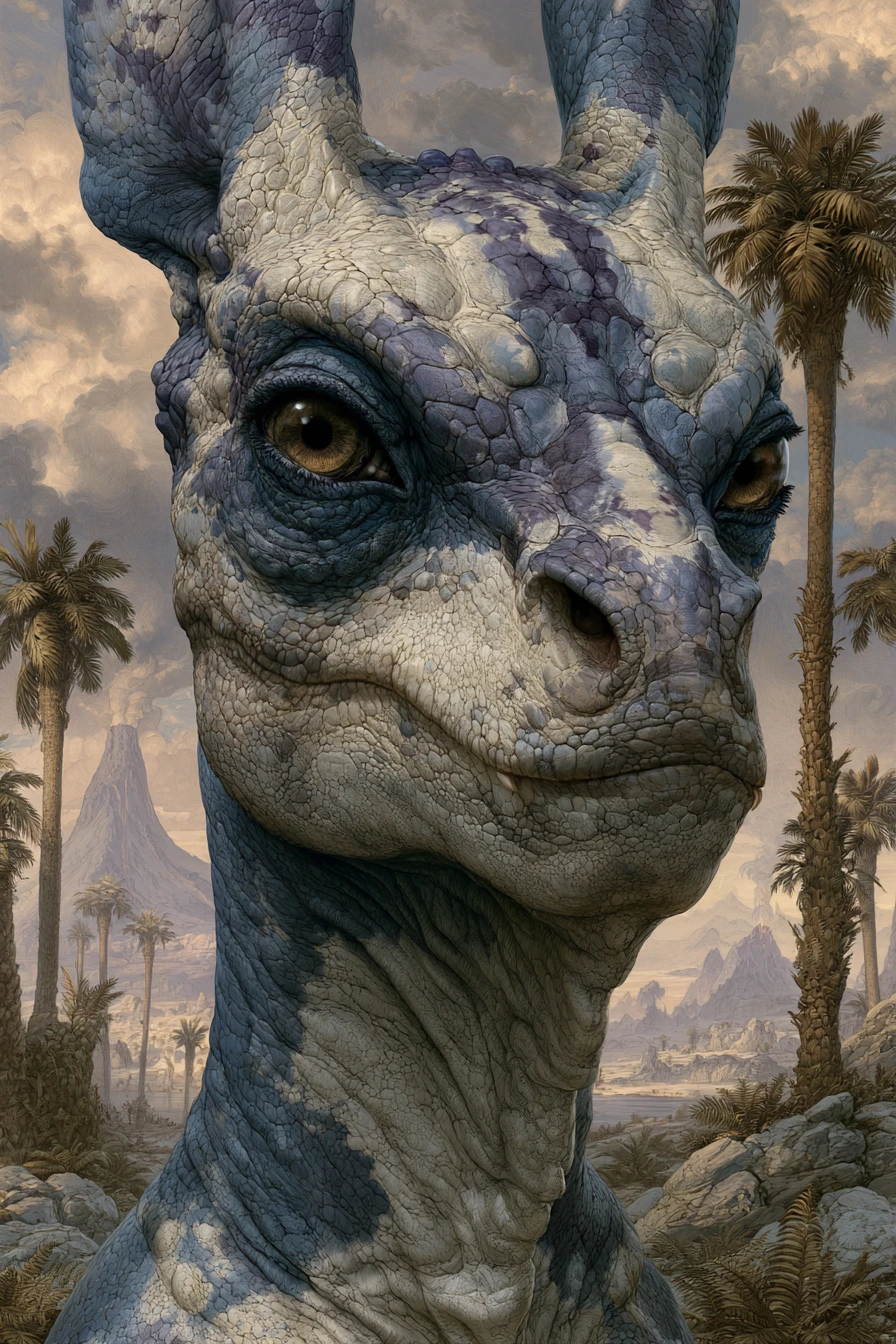 Colorful prehistoric fantasy creature in ancient landscape