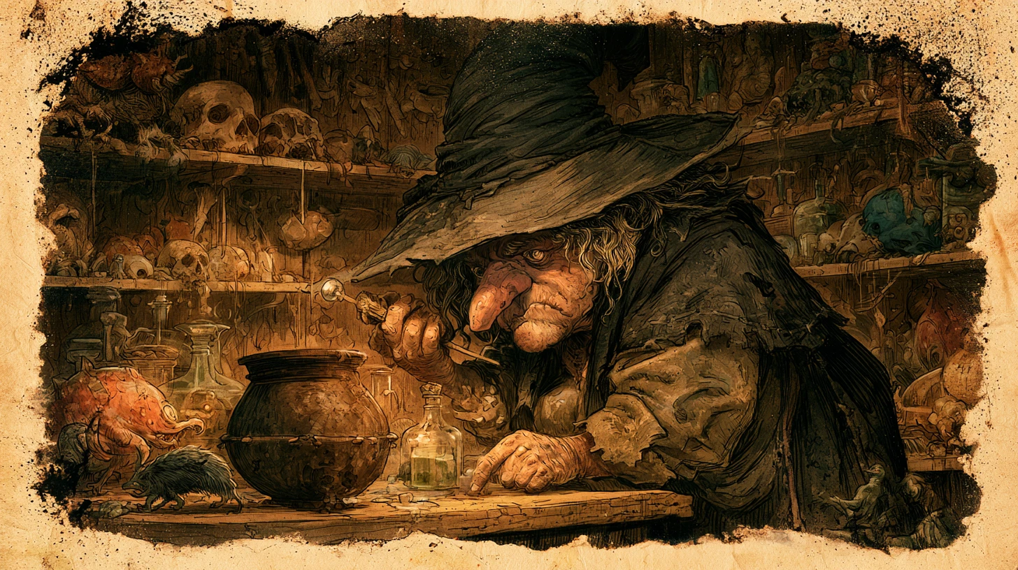 Grotesque witch brewing a dark potion in her lair
