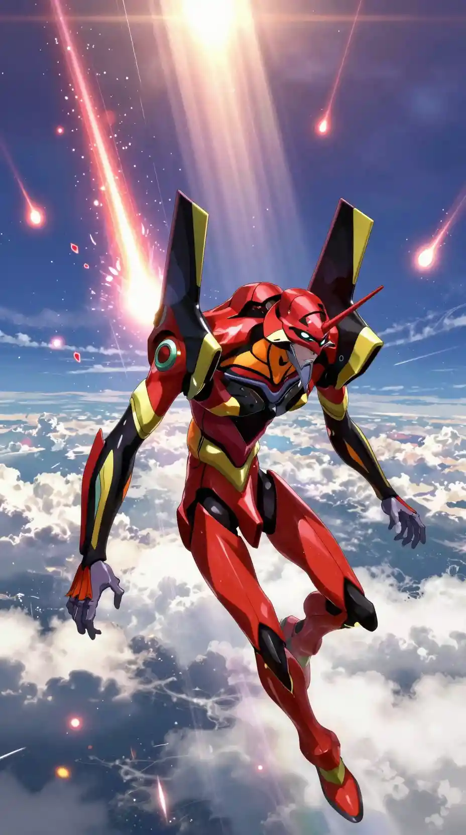 Red mecha plunging through glowing meteor filled sky