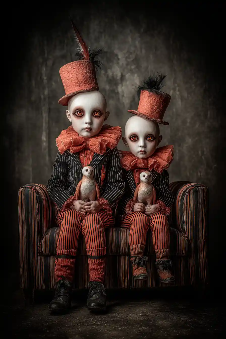 Surreal bird gentlemen seated on an ornate striped sofa