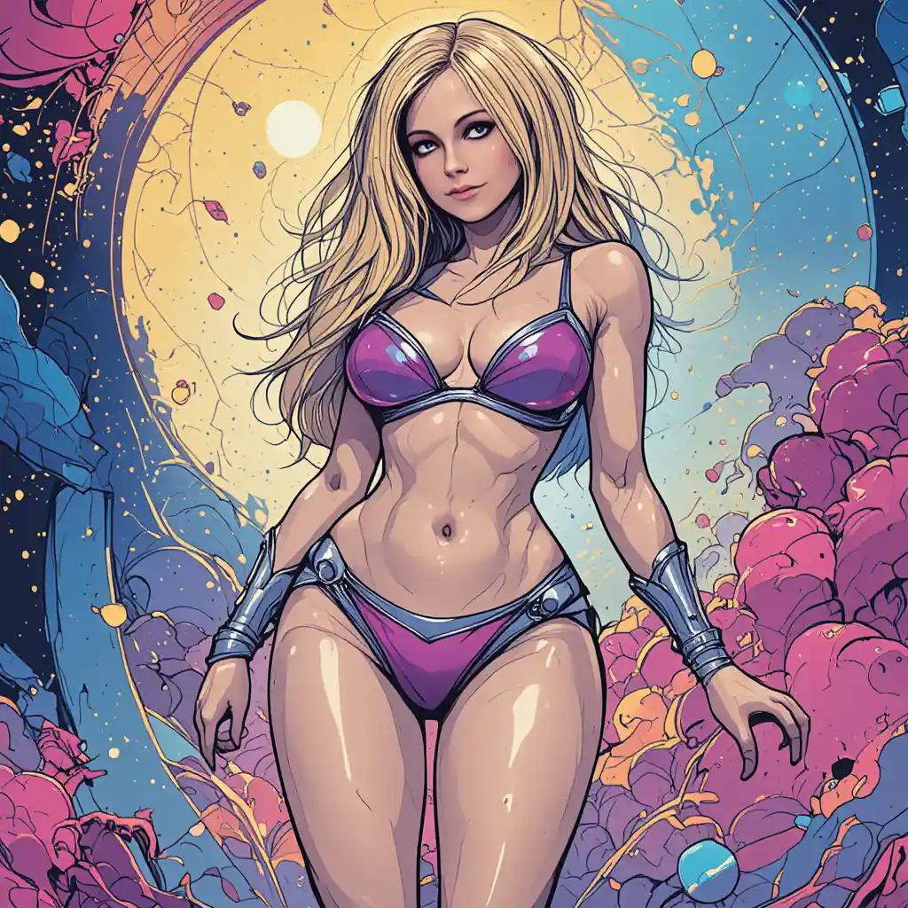 Curvy space heroine in bold comic style micro bikini