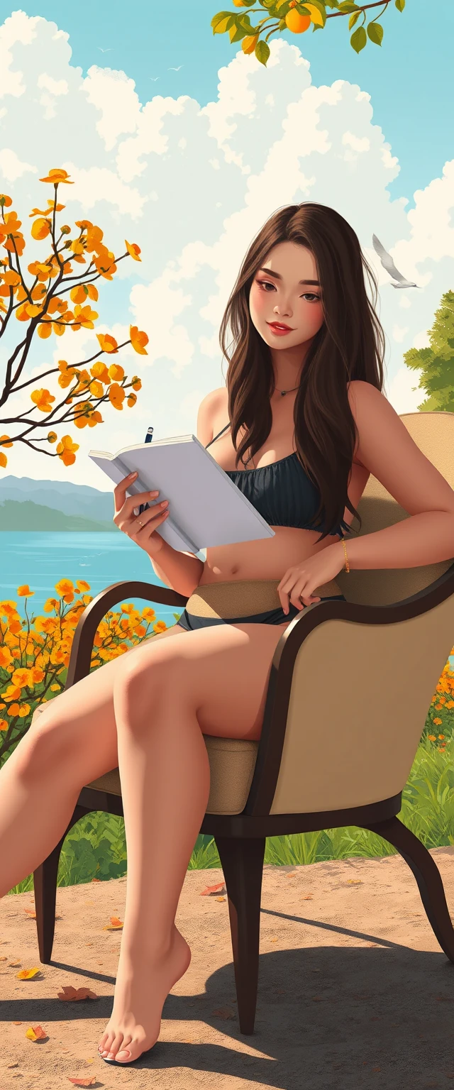 Teen girl sketching by a sunny autumn lakeside