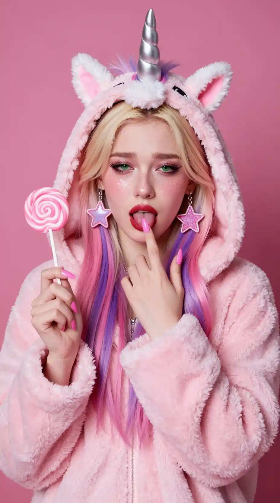 Sad unicorn girl licking a pink swirled lollipop