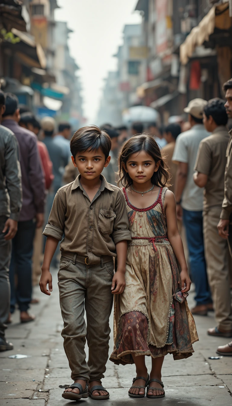 Two poor children walking through a crowded city street