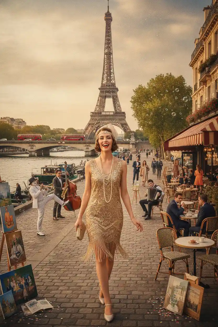 Elegant flapper woman walking by the Seine in Paris