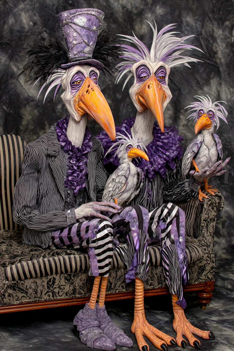 Surreal bird creatures in striped suits on ornate sofa