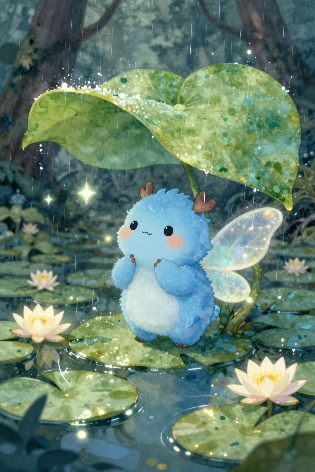 光る雨から隠れる森の精霊と青い妖精