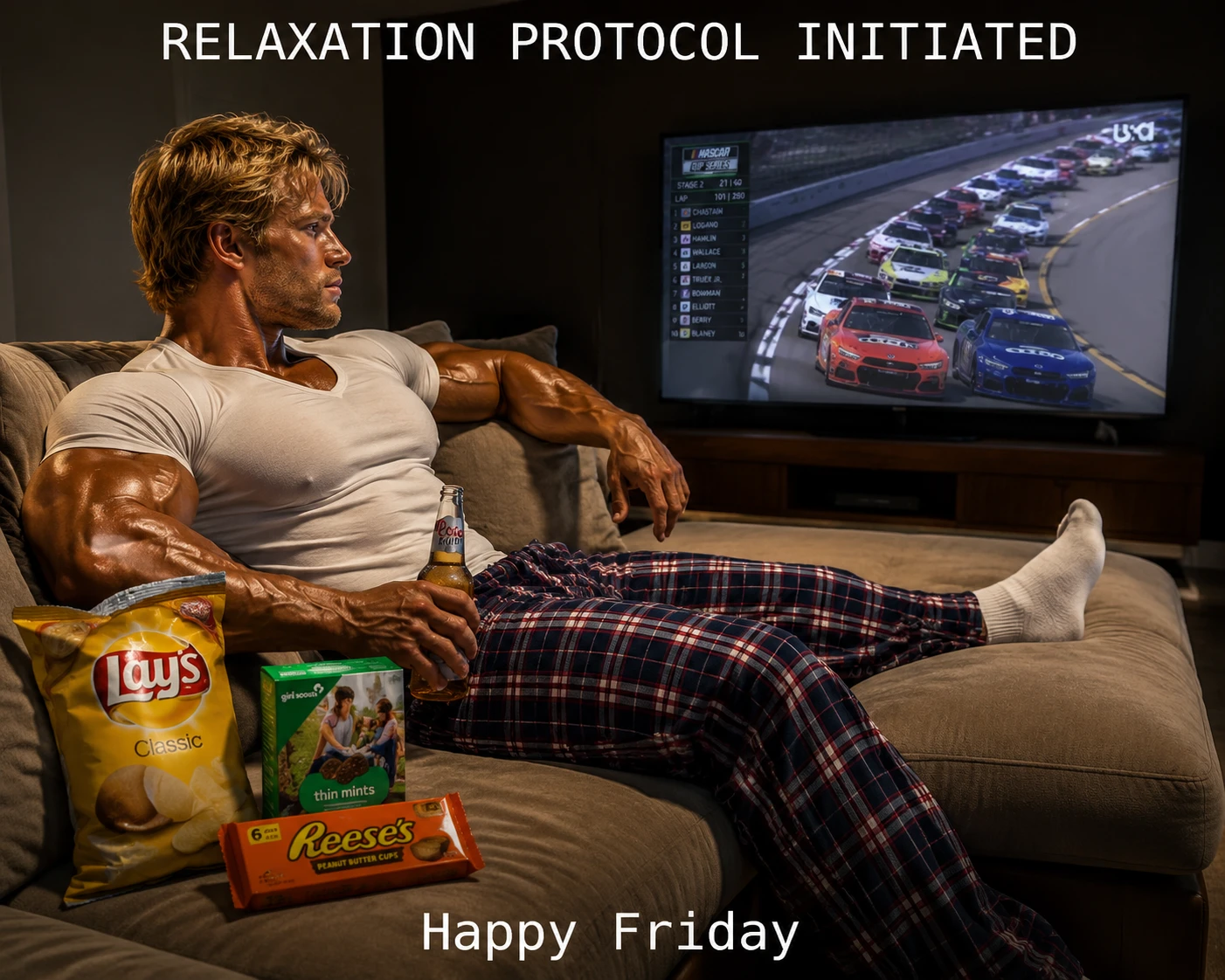 Muscular blonde man relaxing on couch with snacks and beer