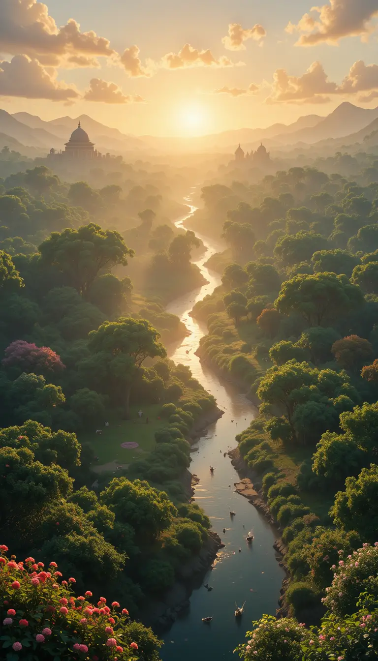 Aerial sunrise view of Vrindavan with river and wildlife