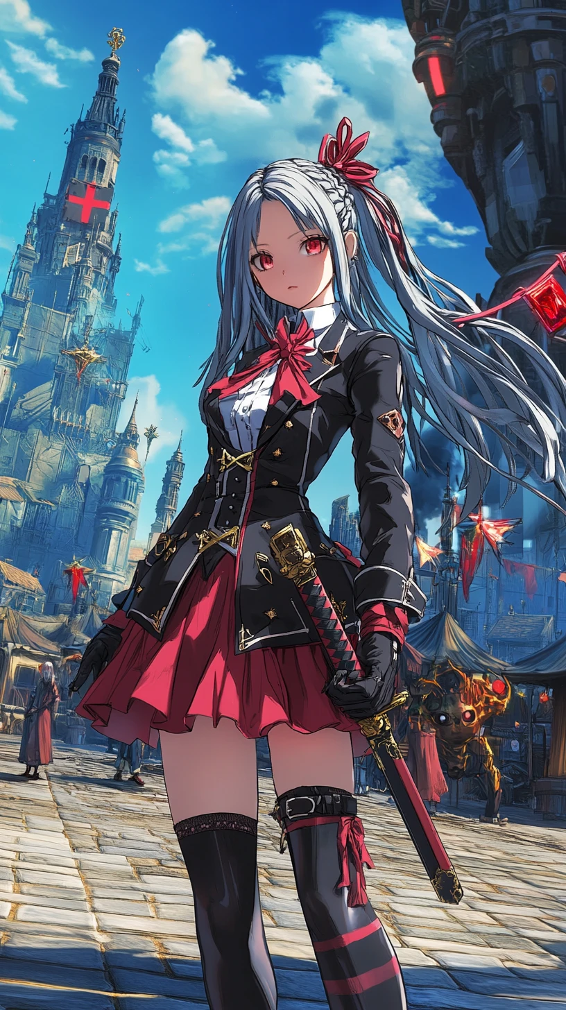 Anime girl with katana facing ghostly puppets in market