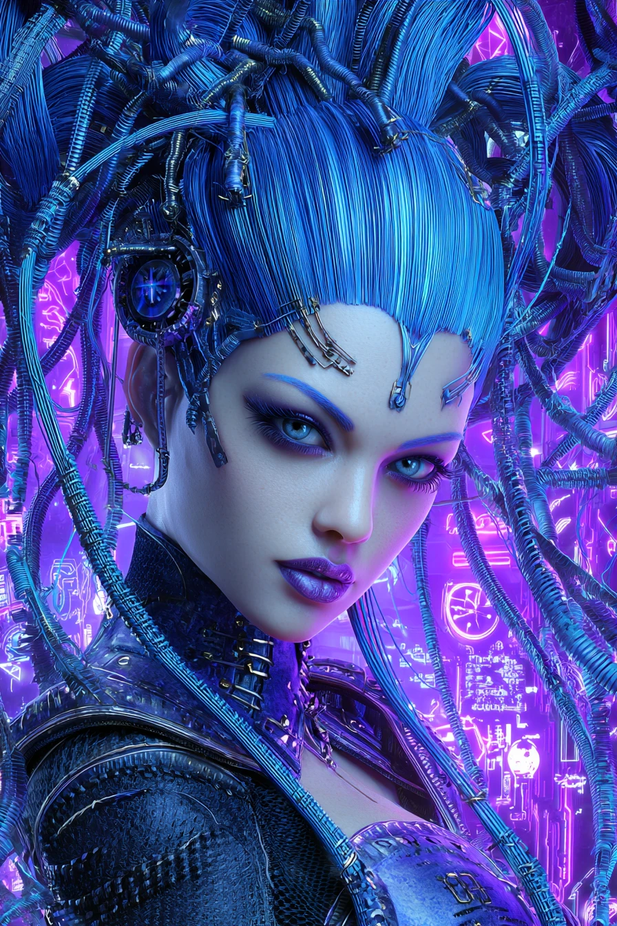 Defiant cyberpunk outlaw woman in neon dystopian city