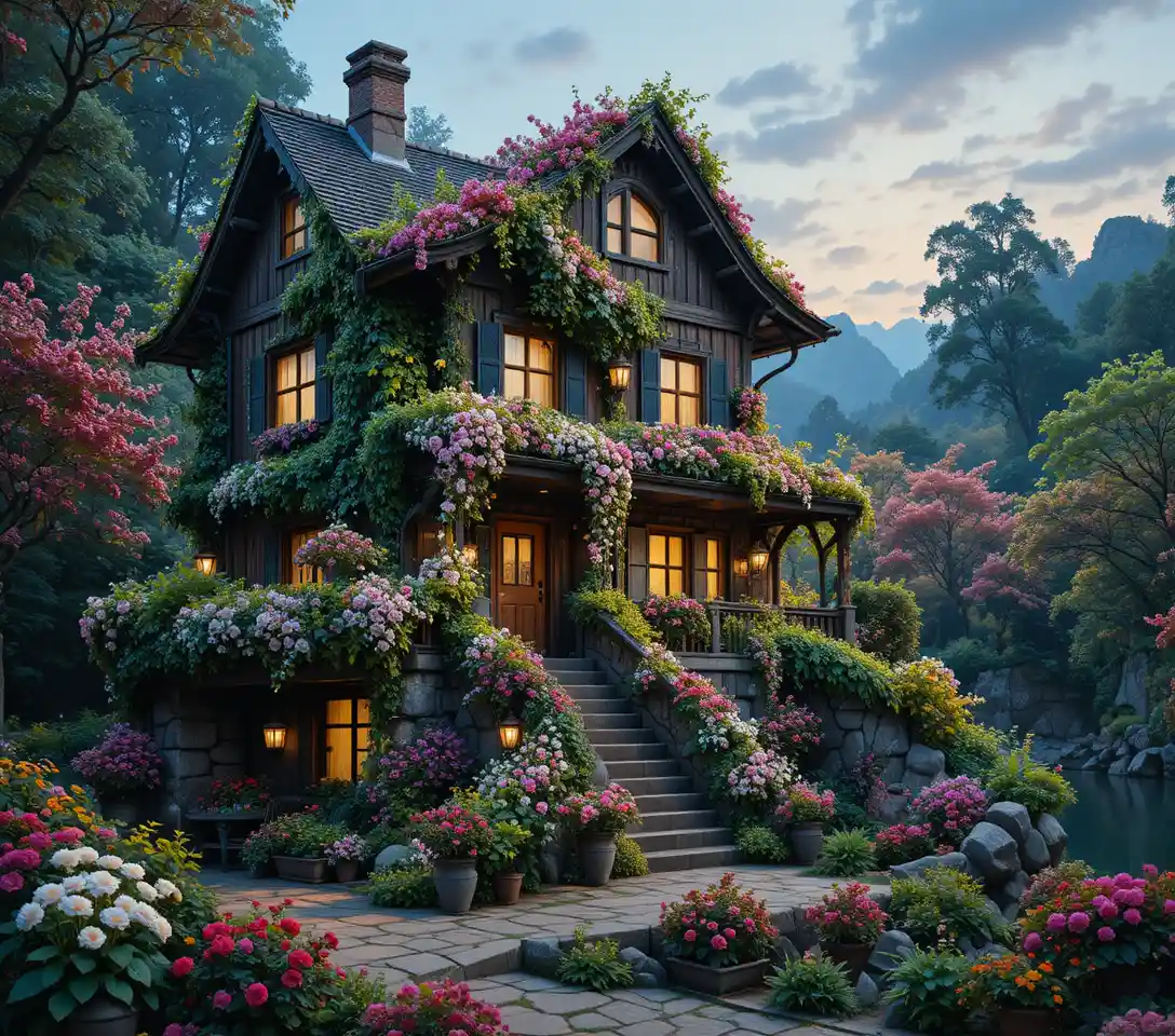 Fairy tale wooden house covered in lush blooming flowers