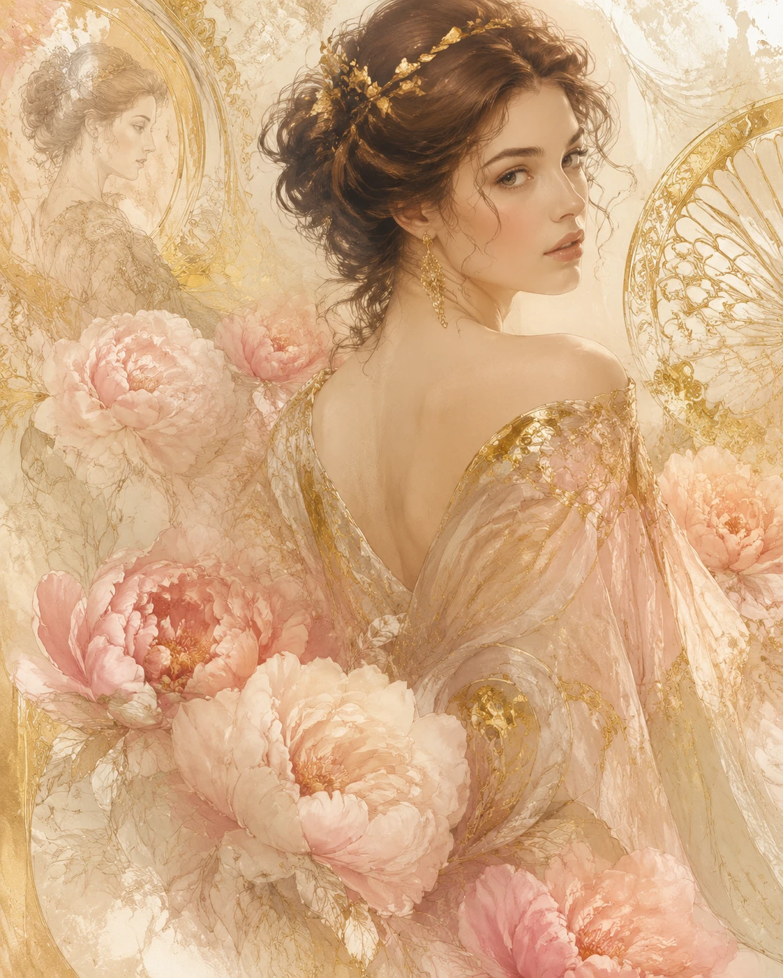 Elegant woman looking over shoulder in art nouveau style