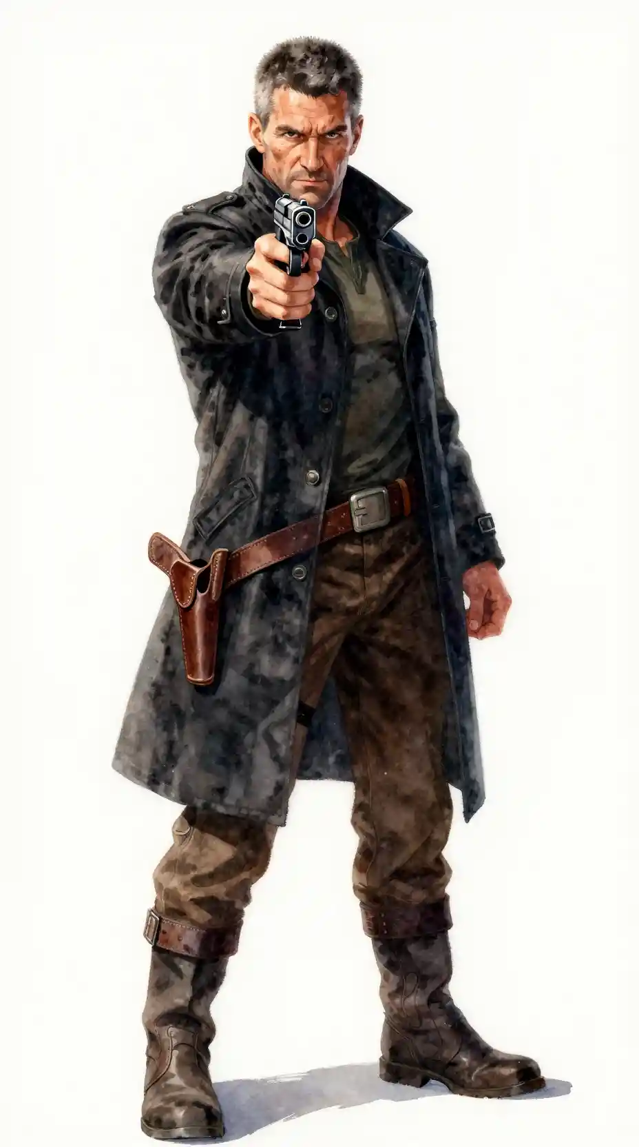 Armed middle aged man aiming futuristic pistol forward