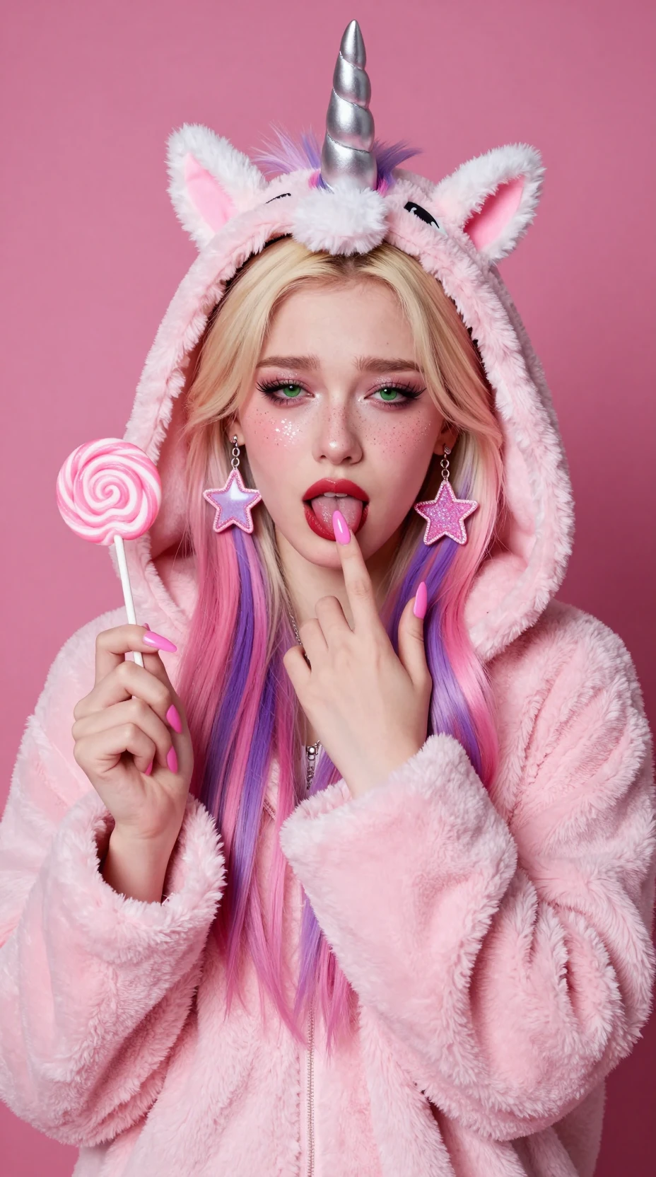 Sad unicorn girl licking a pink swirled lollipop