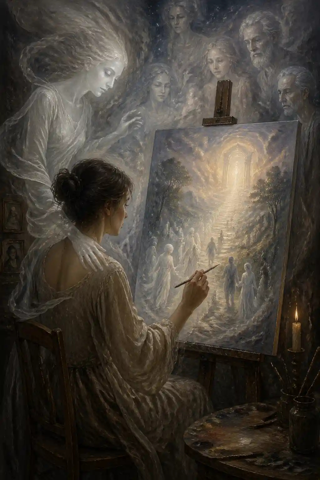 Mystical spiritual painting envisioning spirits in the afterlife