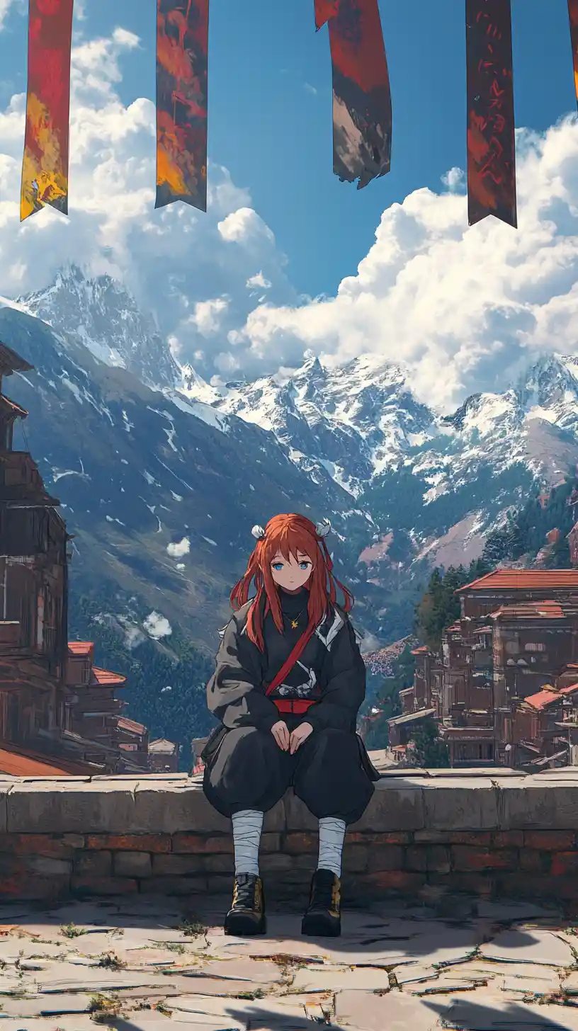 Anime girl sitting on a brick wall at a training camp