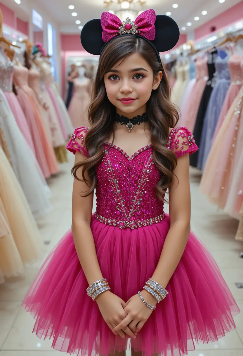Embarrassed young girl in pink Minnie Mouse dress
