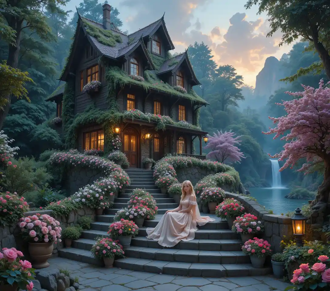 Golden haired girl on steps of a fairy tale house