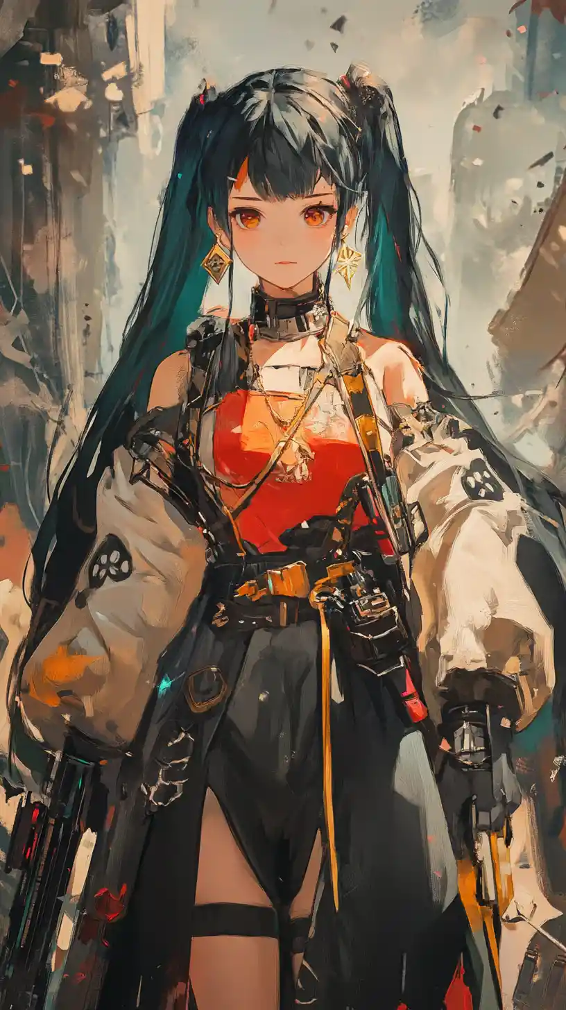 Anime girl with burning flare outside a large stadium