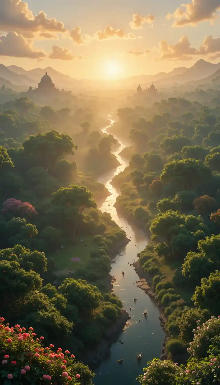 Aerial sunrise view of Vrindavan with river and wildlife