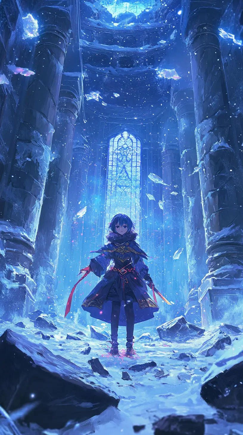 Girl on fallen pillar in dark snowy winter hall