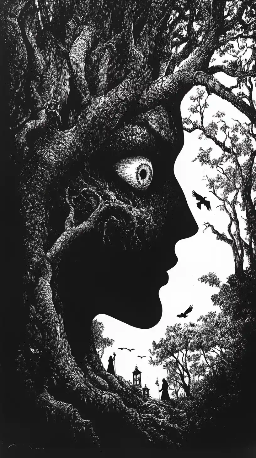 Human Silhouette Filled With Enchanted Forest And Hidden Faces