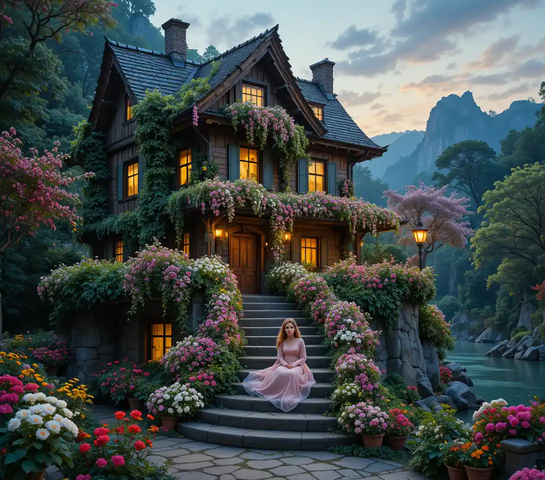 Golden haired girl on stone steps of fairy tale house
