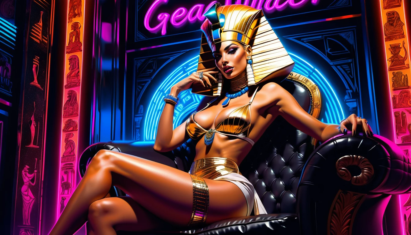 Neon lit egyptian queen in glamorous fantasy couture