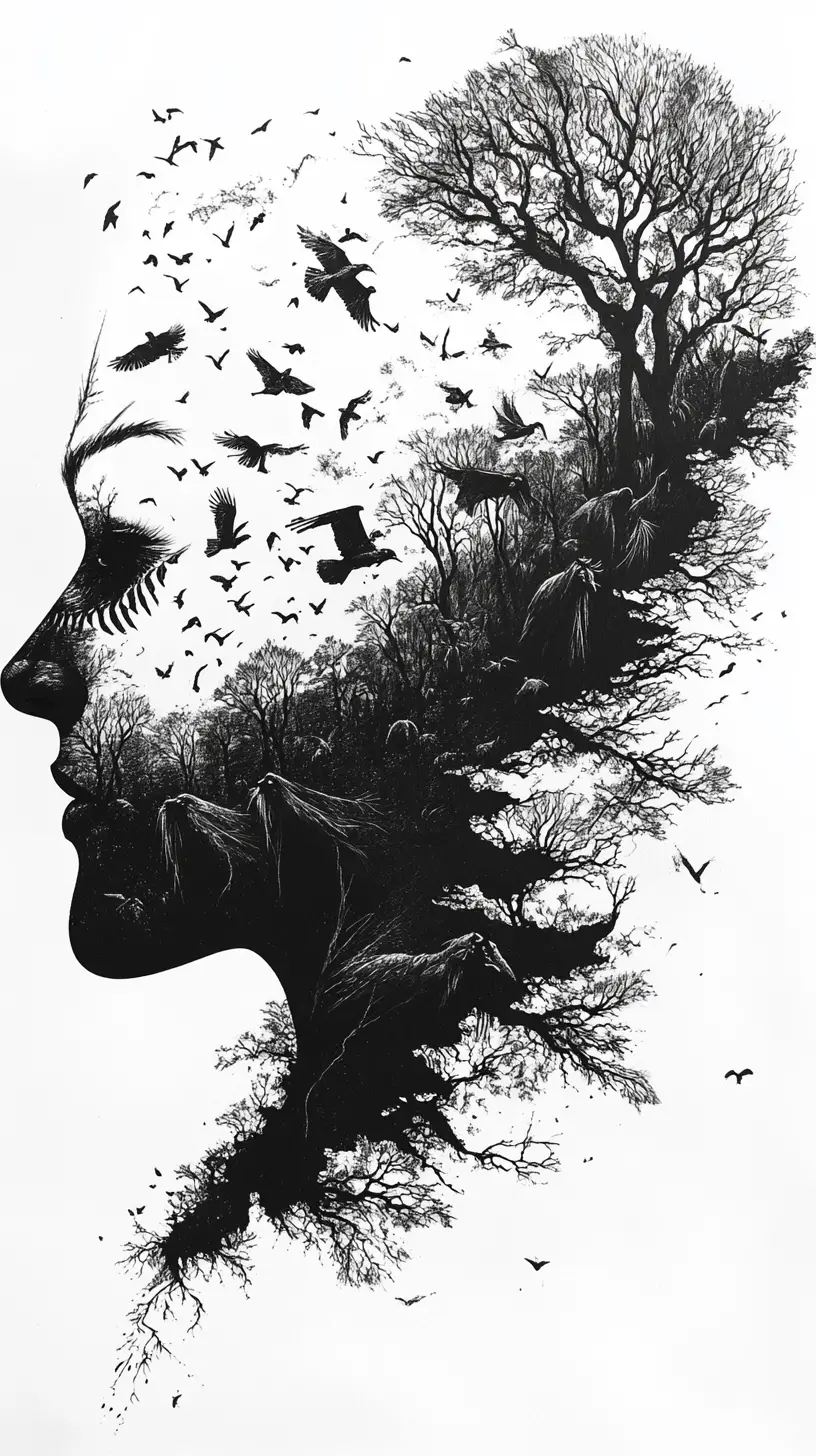 Surreal face silhouette filled with migrating fantasy ecosystem