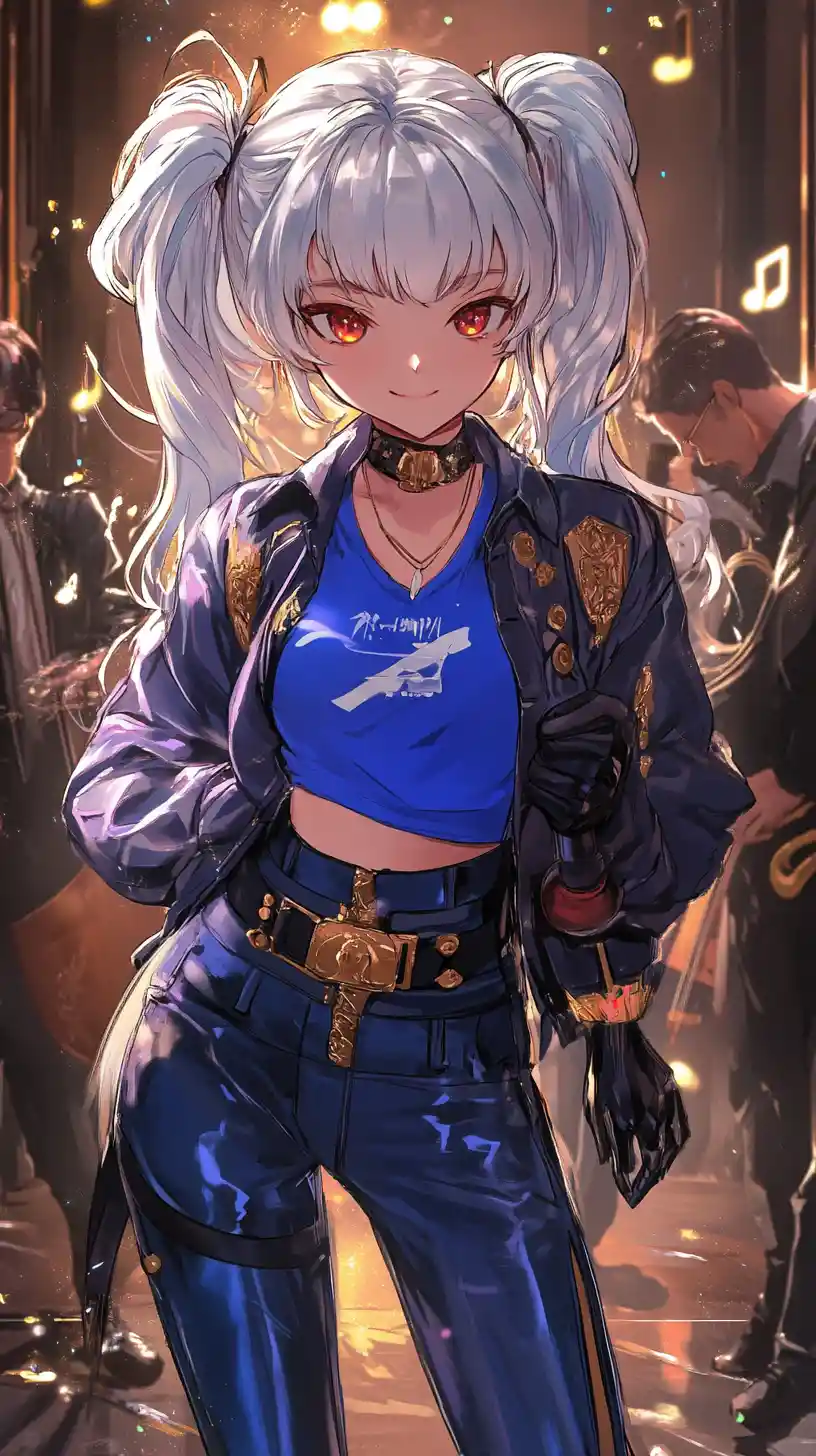 Anime girl playing music and dancing on indoor stage