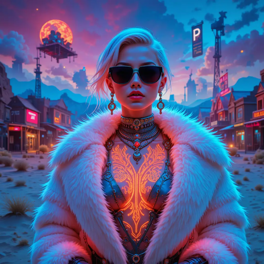 Reina atompunk ciber western con abrigo de piel en primer plano